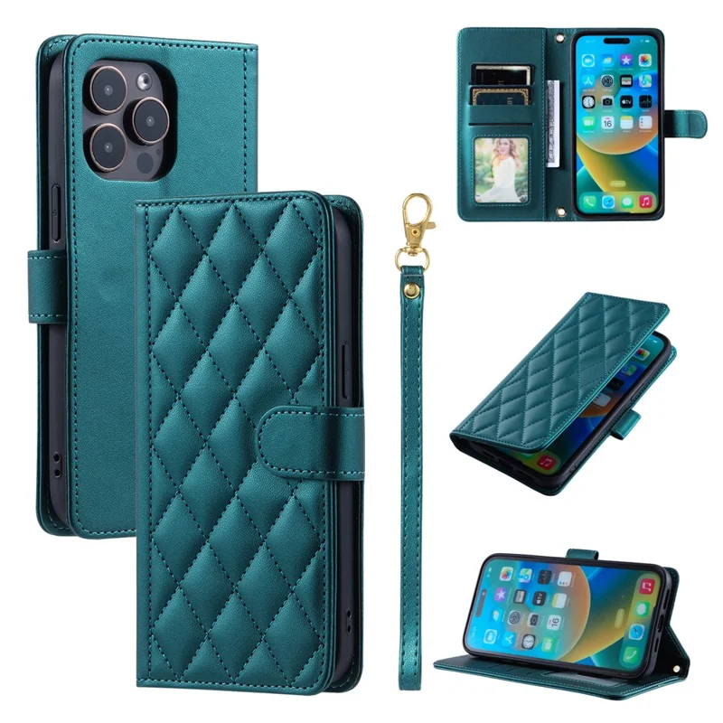 For iPhone 15 Pro Leather Case with Strap Wallet Phone Cover Rhombus Grid Pattern - Green