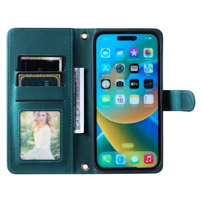 For iPhone 15 Pro Leather Case with Strap Wallet Phone Cover Rhombus Grid Pattern - Green