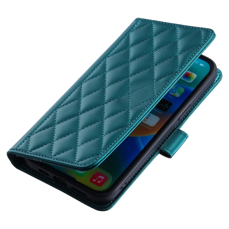 For iPhone 15 Pro Leather Case with Strap Wallet Phone Cover Rhombus Grid Pattern - Green