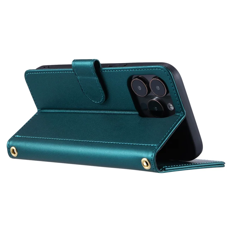 For iPhone 15 Pro Leather Case with Strap Wallet Phone Cover Rhombus Grid Pattern - Green