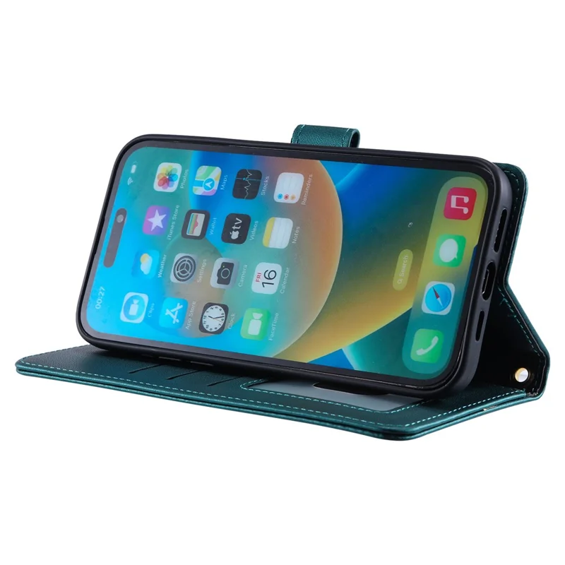 For iPhone 15 Pro Leather Case with Strap Wallet Phone Cover Rhombus Grid Pattern - Green