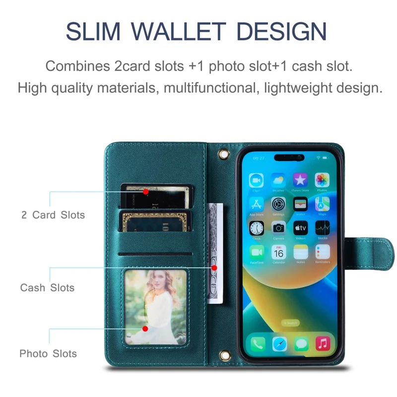 For iPhone 15 Pro Leather Case with Strap Wallet Phone Cover Rhombus Grid Pattern - Green