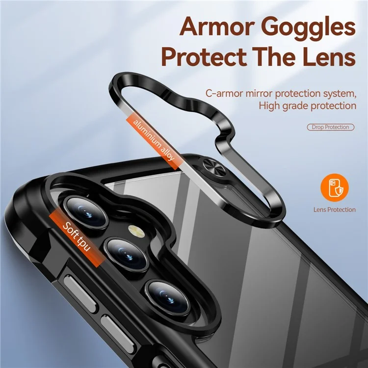 For Samsung Galaxy A15 4G / 5G Phone Case Hybrid PC + TPU Back Cover with Alloy Lens Frame - Black