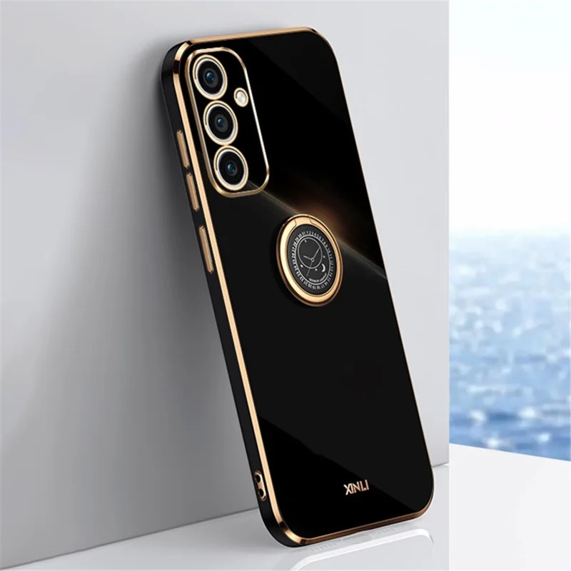 XINLI For Samsung Galaxy A55 5G Cell Phone Case Electroplating Gold Edge Kickstand Shell - Black