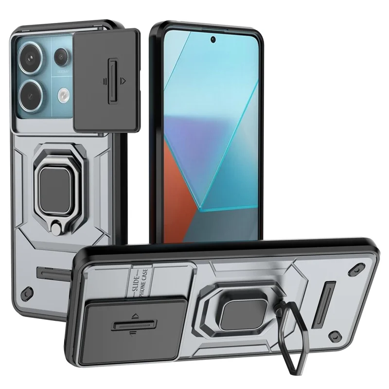 Para Xiaomi Redmi Note 13 Pro 5G / Poco X6 5G Kickstand Case Slide Lens Protection Cell Phone Cover - Grey