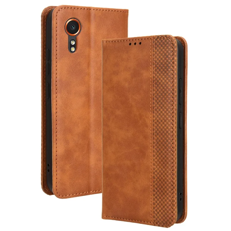 For Samsung Galaxy Xcover7 Wallet Case PU Leather Stand Retro Phone Cover - Brown