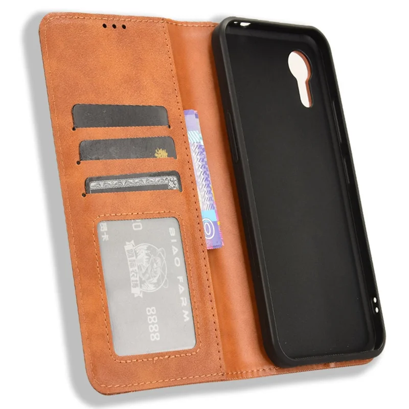 For Samsung Galaxy Xcover7 Wallet Case PU Leather Stand Retro Phone Cover - Brown