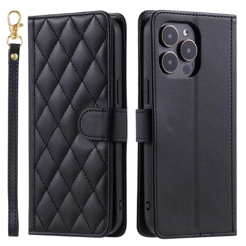 For iPhone 14 Pro Max Leather Phone Case with Wallet Rhombus Grid Pattern - Black