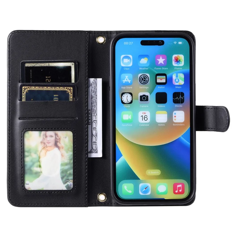 For iPhone 14 Pro Max Leather Phone Case with Wallet Rhombus Grid Pattern - Black