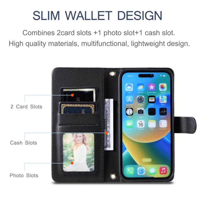 For iPhone 14 Pro Max Leather Phone Case with Wallet Rhombus Grid Pattern - Black