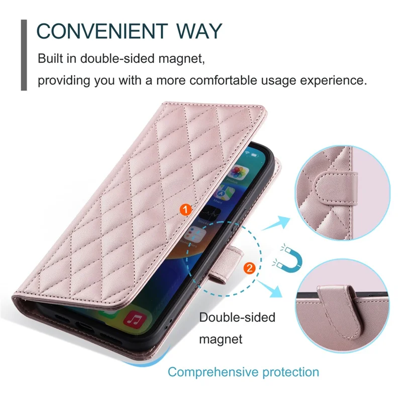 For iPhone 14 Pro Max Leather Phone Case with Wallet Rhombus Grid Pattern - Rose Gold