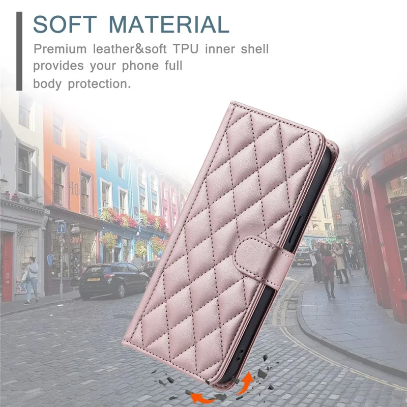For iPhone 14 Pro Max Leather Phone Case with Wallet Rhombus Grid Pattern - Rose Gold