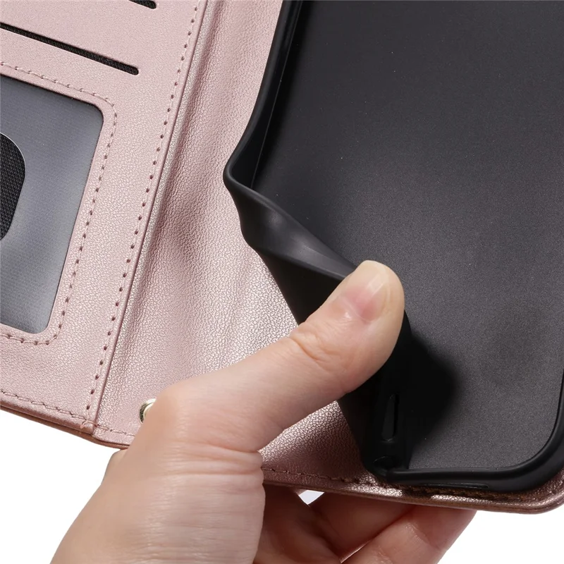 For iPhone 14 Pro Max Leather Phone Case with Wallet Rhombus Grid Pattern - Rose Gold