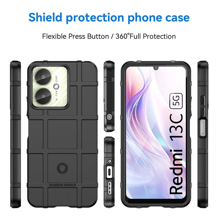 For Xiaomi Redmi 13C 4G  /  13C 5G  /  13R 5G  /  Poco M6 5G  /  Poco C65 4G TPU Case Square Grid Phone Back Cover - Black
