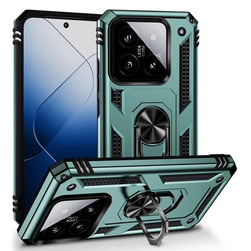 For Xiaomi 14 Drop-proof Case PC+TPU Phone Back Cover with Ring Kickstand - Blackish Green