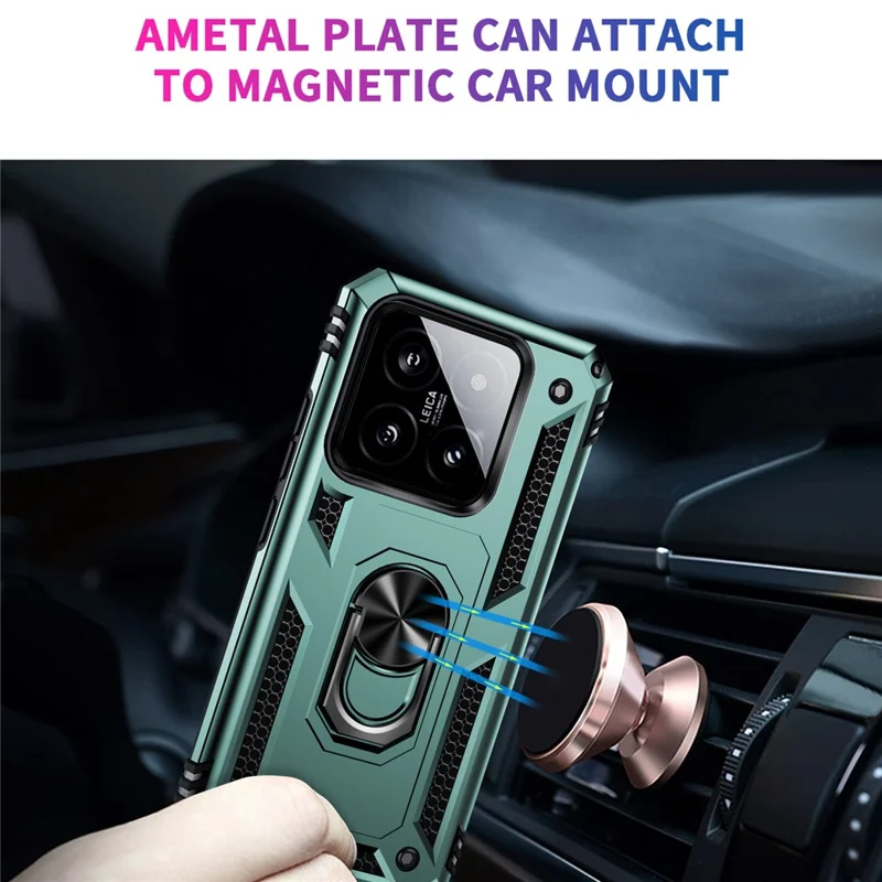 For Xiaomi 14 Drop-proof Case PC+TPU Phone Back Cover with Ring Kickstand - Blackish Green