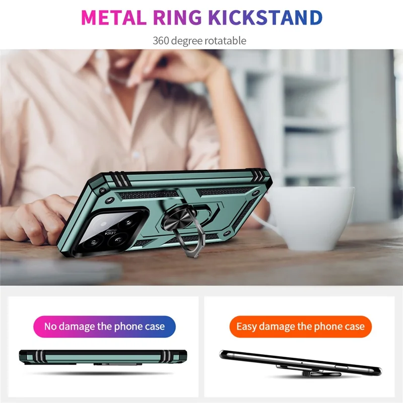 For Xiaomi 14 Drop-proof Case PC+TPU Phone Back Cover with Ring Kickstand - Blackish Green
