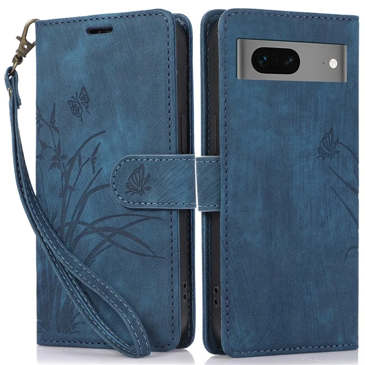For Google Pixel 8a Phone Case with Strap Wallet Flip PU Leather Cover - Blue
