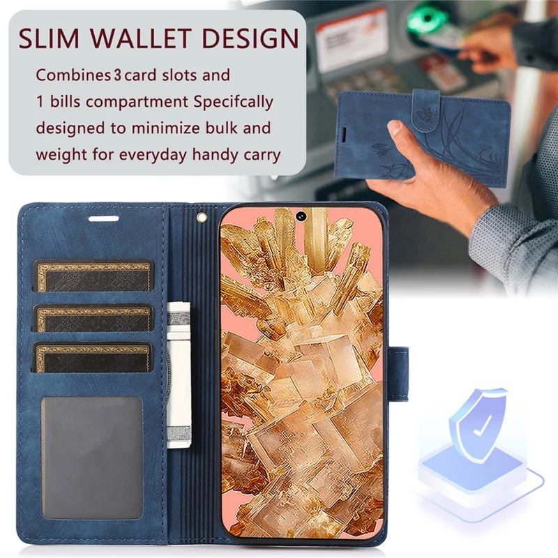 For Google Pixel 8 Pro Flip Leather Case Orchid Butterfly Pattern Wallet Phone Cover - Blue