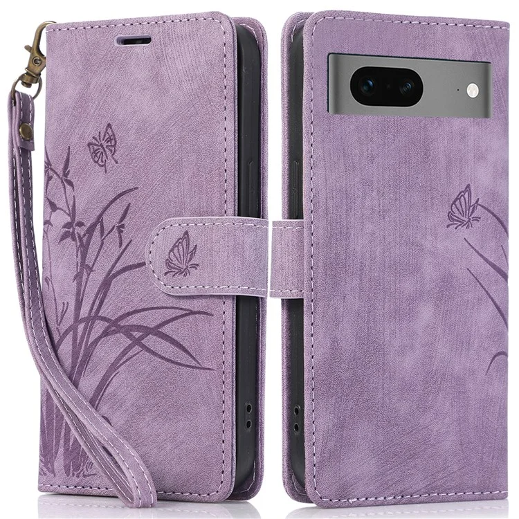 For Google Pixel 8 Case Orchid Butterfly Pattern Leather Cover Phone Wallet - Purple