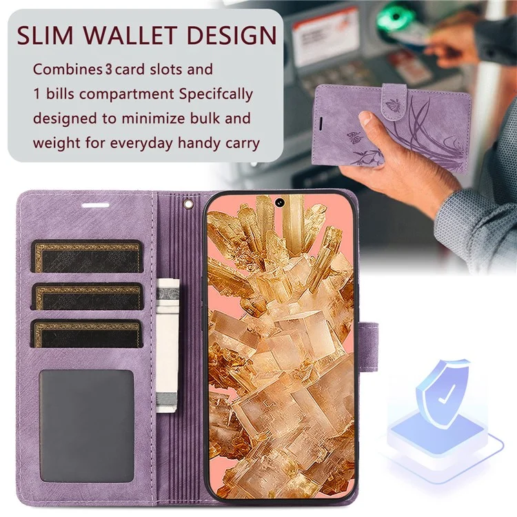 For Google Pixel 8 Case Orchid Butterfly Pattern Leather Cover Phone Wallet - Purple