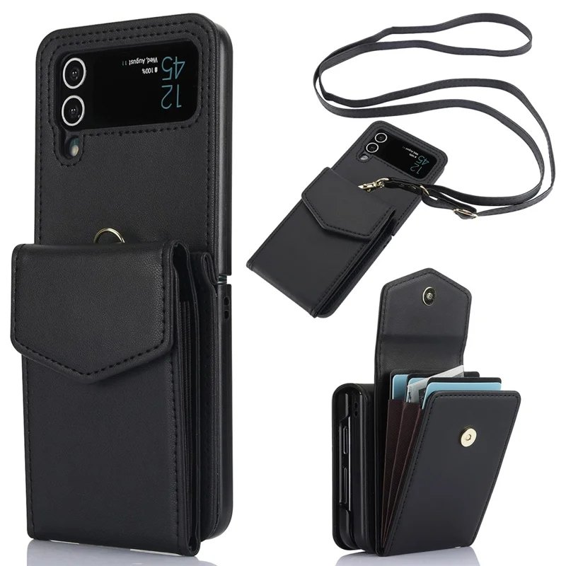 Para Samsung Galaxy Z Flip4 5G Crossbody Phone Case RFID Blocking Card Holder Cover - Negro