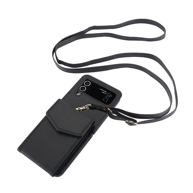 Para Samsung Galaxy Z Flip4 5G Crossbody Phone Case RFID Blocking Card Holder Cover - Negro