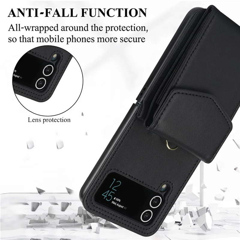 Para Samsung Galaxy Z Flip4 5G Crossbody Phone Case RFID Blocking Card Holder Cover - Negro