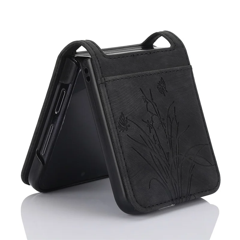 For Samsung Galaxy Z Flip5 5G Phone Case Orchid Butterfly Pattern PU Leather Cover - Black