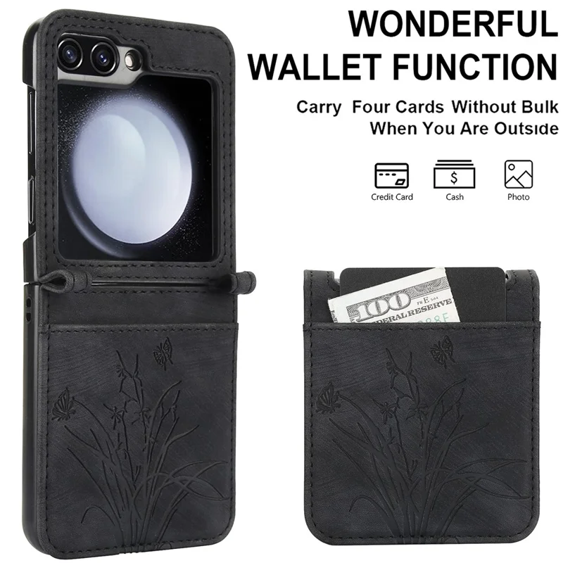For Samsung Galaxy Z Flip5 5G Phone Case Orchid Butterfly Pattern PU Leather Cover - Black