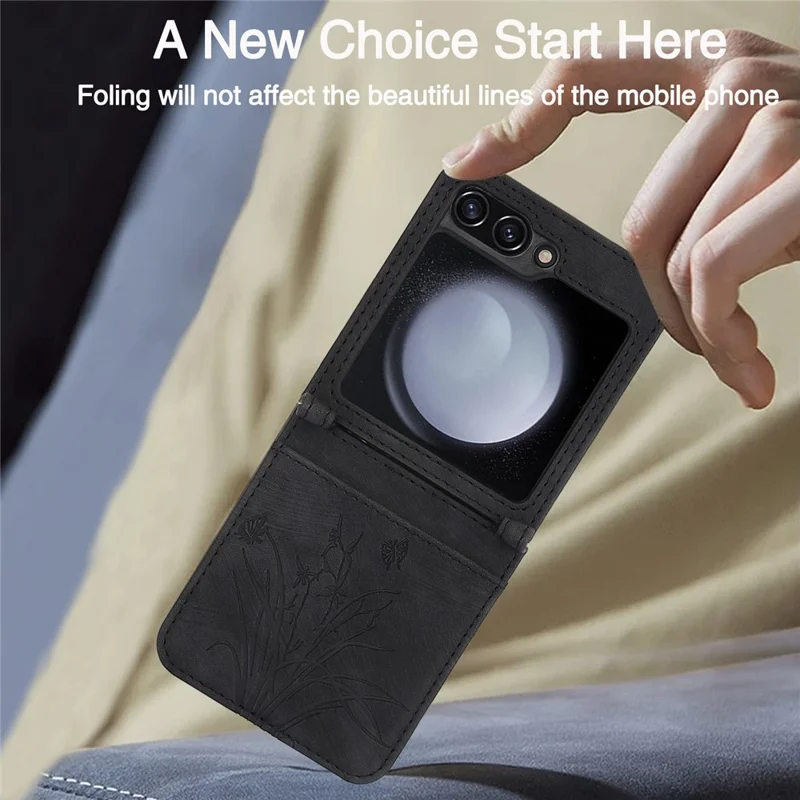 For Samsung Galaxy Z Flip5 5G Phone Case Orchid Butterfly Pattern PU Leather Cover - Black