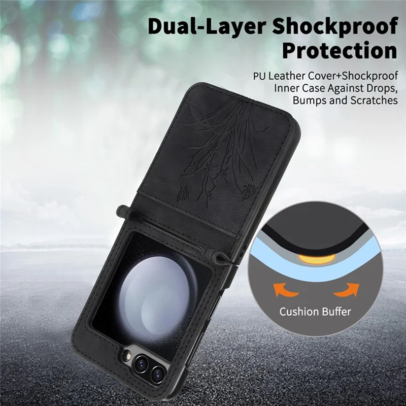 For Samsung Galaxy Z Flip5 5G Phone Case Orchid Butterfly Pattern PU Leather Cover - Black