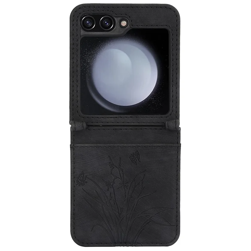 For Samsung Galaxy Z Flip5 5G Phone Case Orchid Butterfly Pattern PU Leather Cover - Black