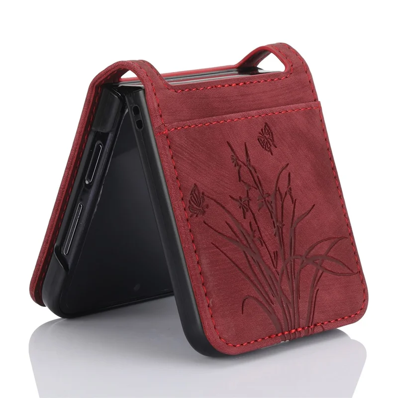 For Samsung Galaxy Z Flip5 5G Phone Case Orchid Butterfly Pattern PU Leather Cover - Red