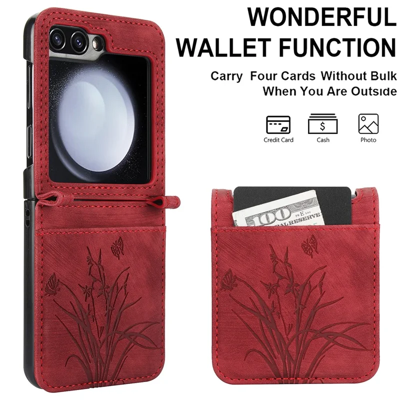For Samsung Galaxy Z Flip5 5G Phone Case Orchid Butterfly Pattern PU Leather Cover - Red