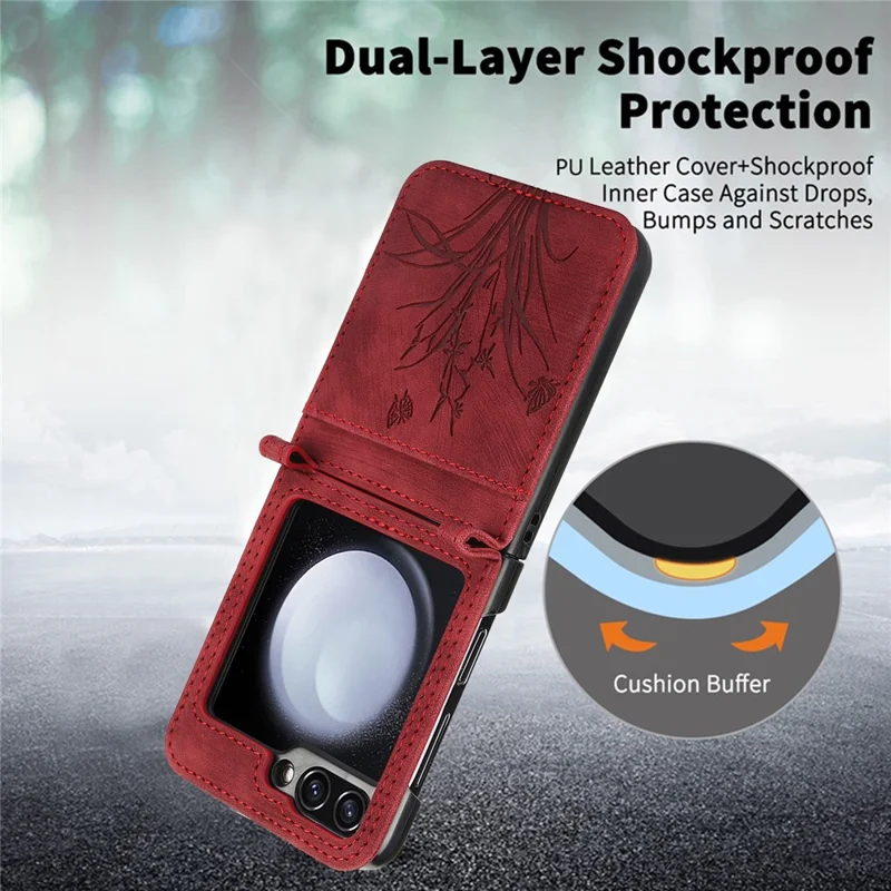For Samsung Galaxy Z Flip5 5G Phone Case Orchid Butterfly Pattern PU Leather Cover - Red
