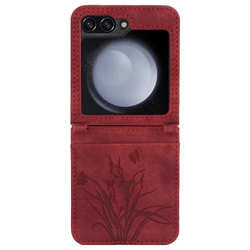 For Samsung Galaxy Z Flip5 5G Phone Case Orchid Butterfly Pattern PU Leather Cover - Red