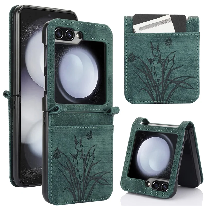 For Samsung Galaxy Z Flip5 5G Phone Case Orchid Butterfly Pattern PU Leather Cover - Green
