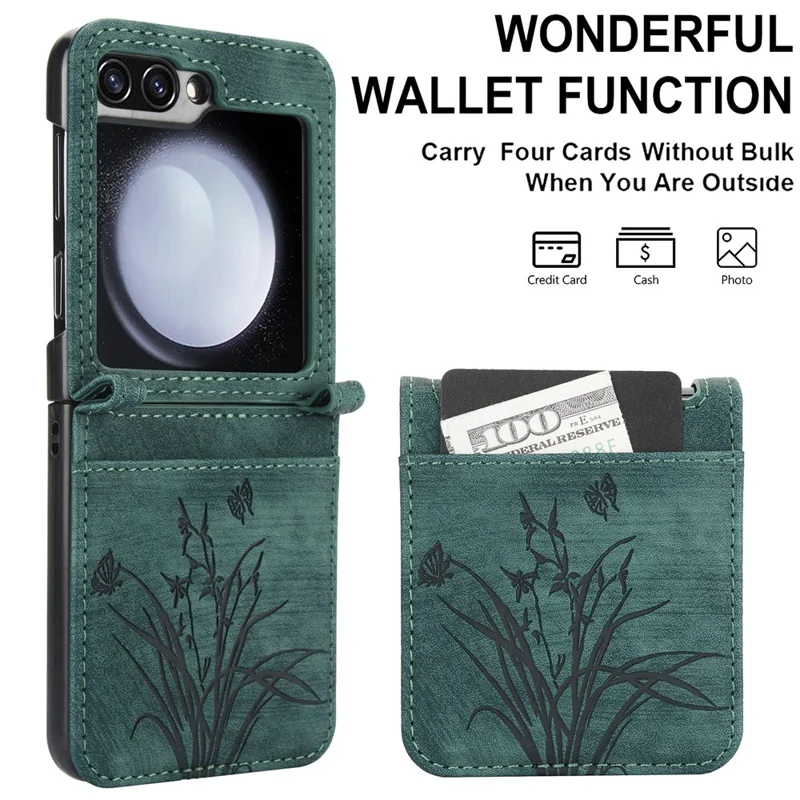 For Samsung Galaxy Z Flip5 5G Phone Case Orchid Butterfly Pattern PU Leather Cover - Green