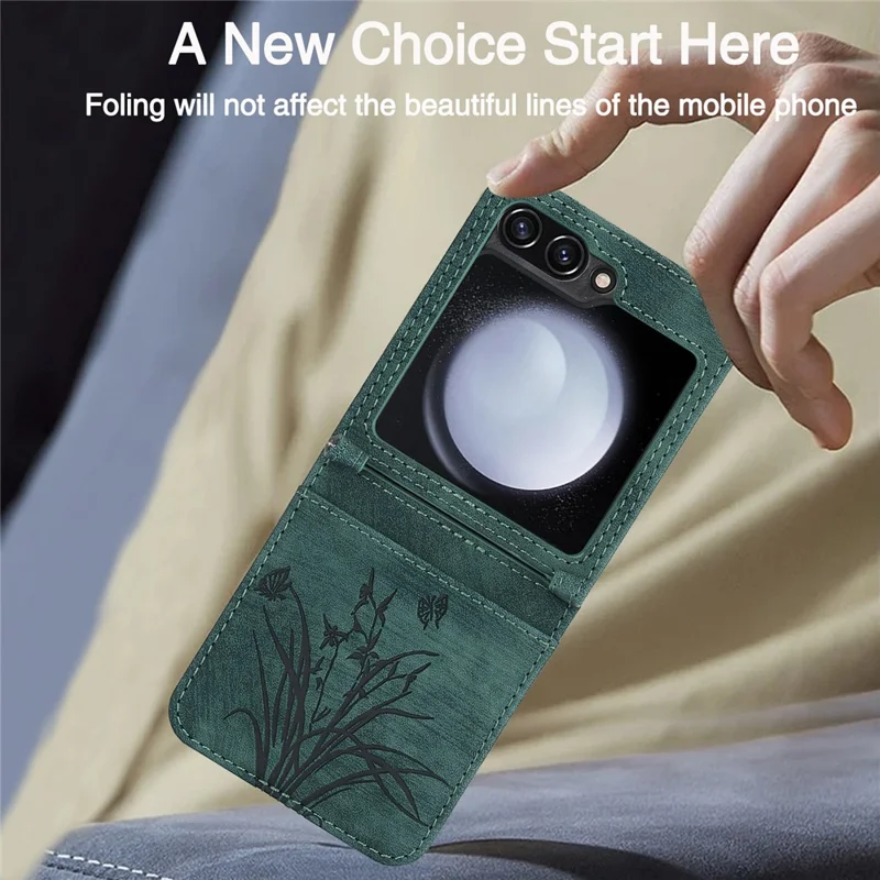 For Samsung Galaxy Z Flip5 5G Phone Case Orchid Butterfly Pattern PU Leather Cover - Green