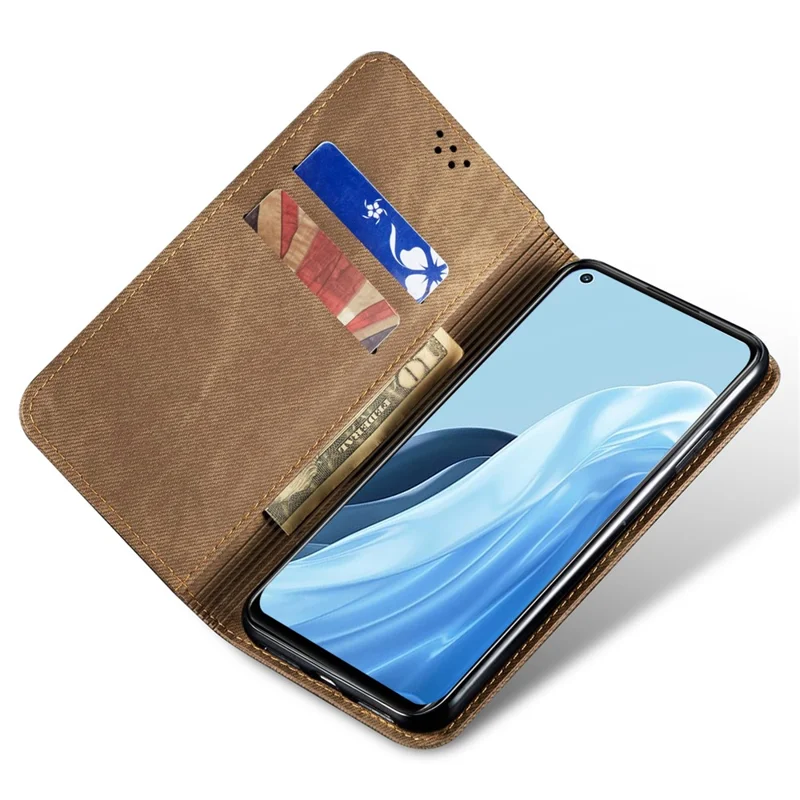 For Oppo Find X7 5G Jeans Cloth Texture Phone Case PU Leather Stand View Cover - Khaki