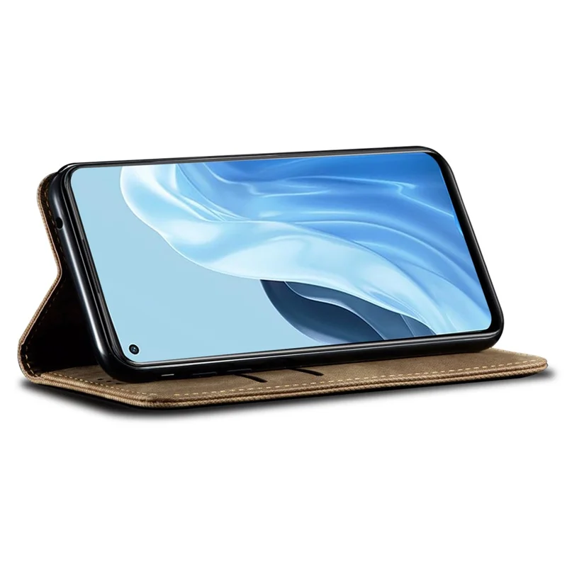 For Oppo Find X7 5G Jeans Cloth Texture Phone Case PU Leather Stand View Cover - Khaki