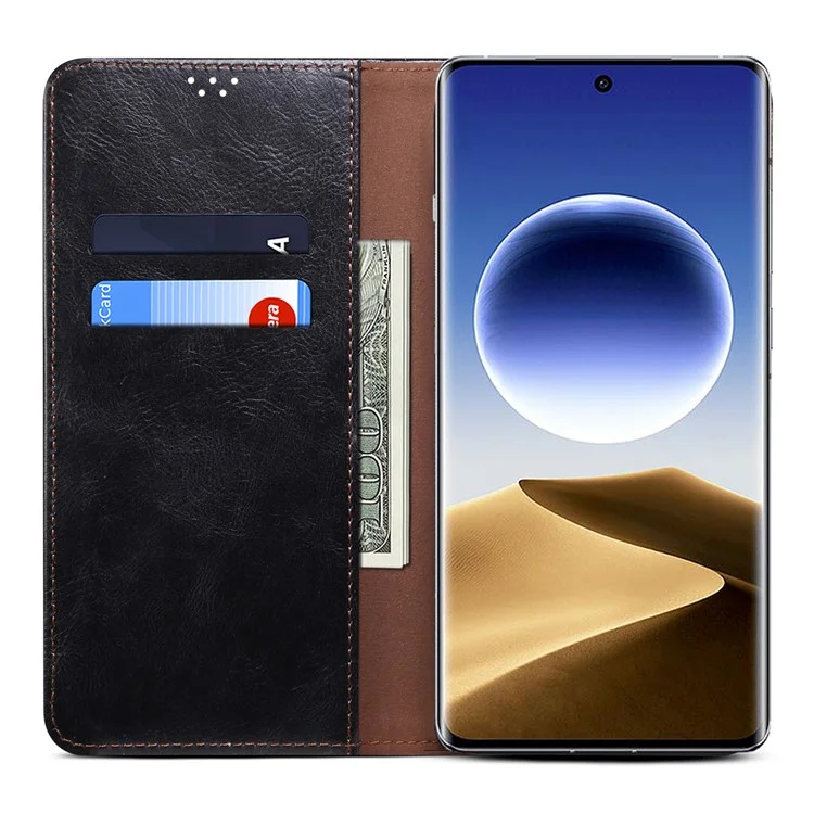 Pour Oppo Find X7 Ultra Étui Portefeuille en Cuir Housse de Téléphone Texture de Cheval Fou Cireux - Noir