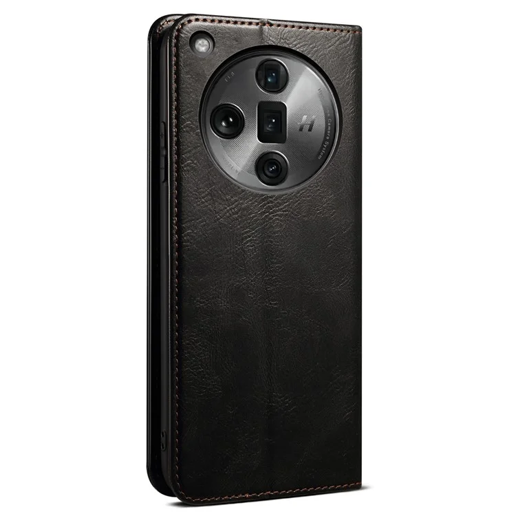 Pour Oppo Find X7 Ultra Étui Portefeuille en Cuir Housse de Téléphone Texture de Cheval Fou Cireux - Noir