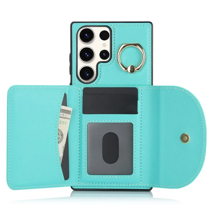 For Samsung Galaxy S24 Ultra Phone Case Ring Kickstand Anti-Drop Shell Card Holders - Green