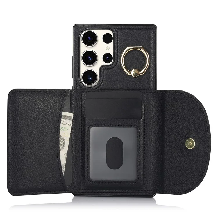 Para Samsung Galaxy S23 Ultra Kickstand Phone Case RFID Blocking Card Slots Holder - Preto