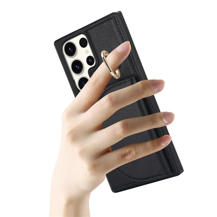 Para Samsung Galaxy S23 Ultra Kickstand Phone Case RFID Blocking Card Slots Holder - Preto