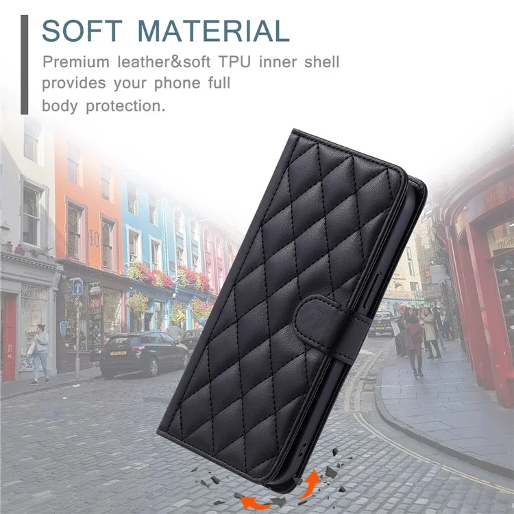 Für iPhone 15 Plus Wallet Case PU Lederabdeckung Steppnaht Rhombus Grid - Schwarz