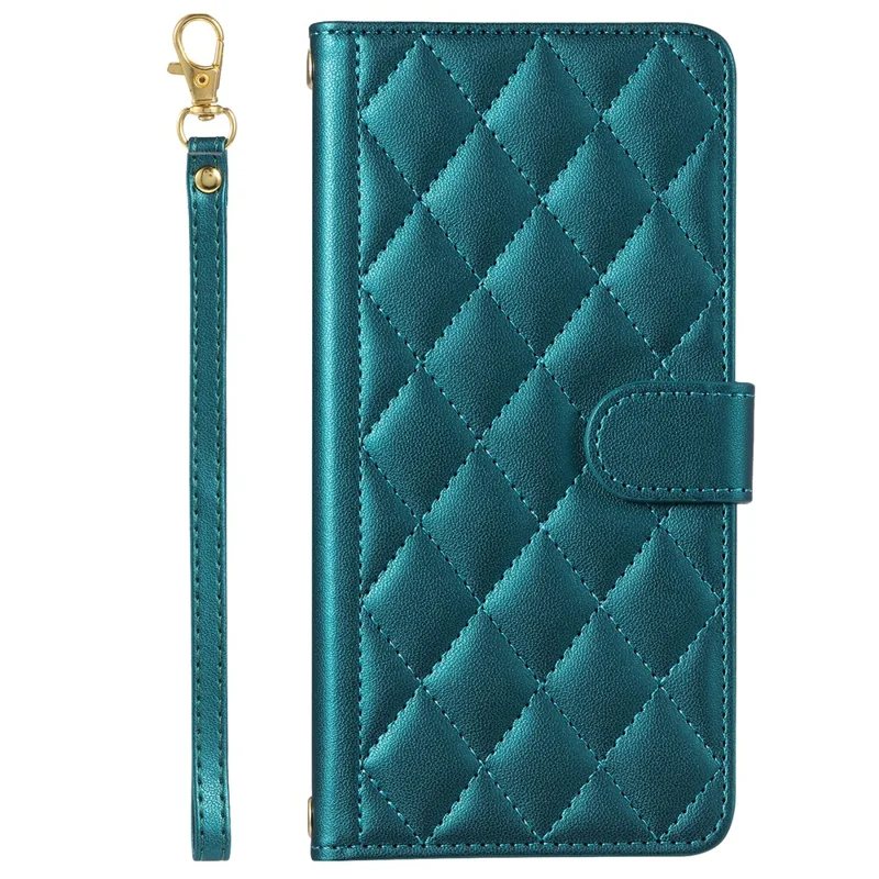 For iPhone 15 Plus Wallet Case PU Leather Cover Stitching Rhombus Grid - Green