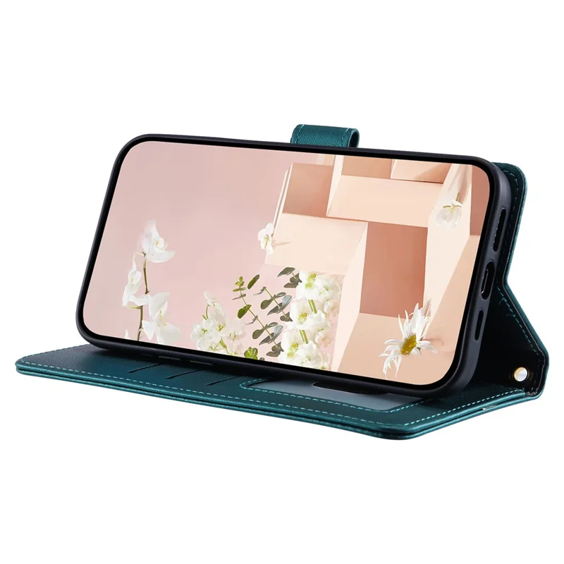 For iPhone 15 Plus Wallet Case PU Leather Cover Stitching Rhombus Grid - Green